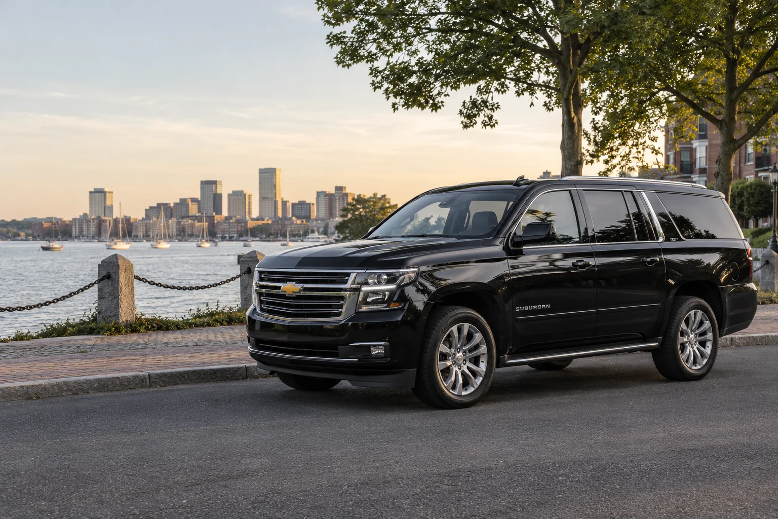 Illustrative scene of a black Chevrolet Suburban in Boston